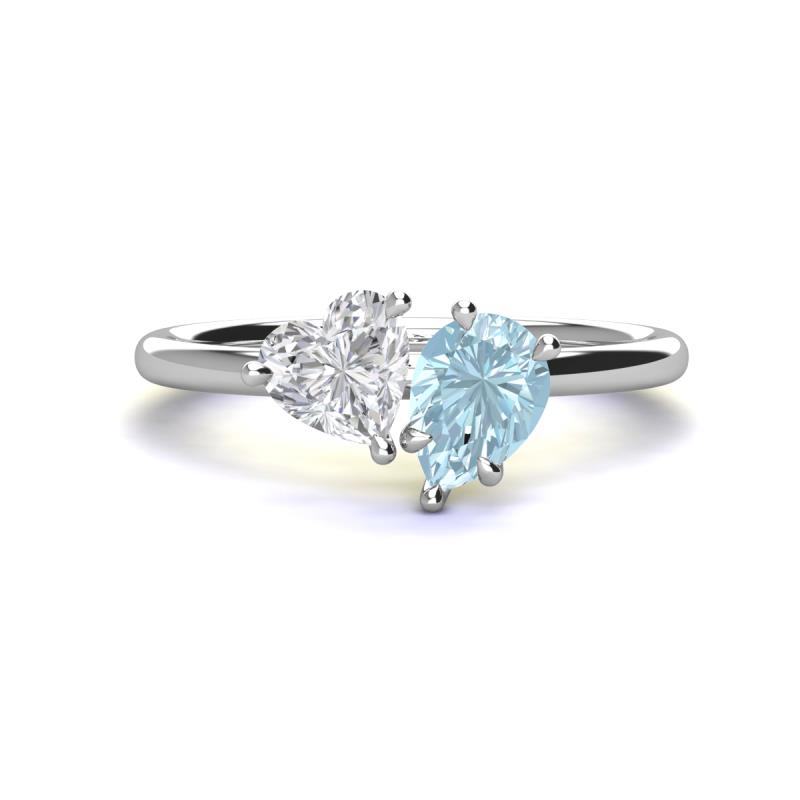Sasha Heart Shape Lab Created White Sapphire & Pear Shape Aquamarine 2 Stone Duo Ring 