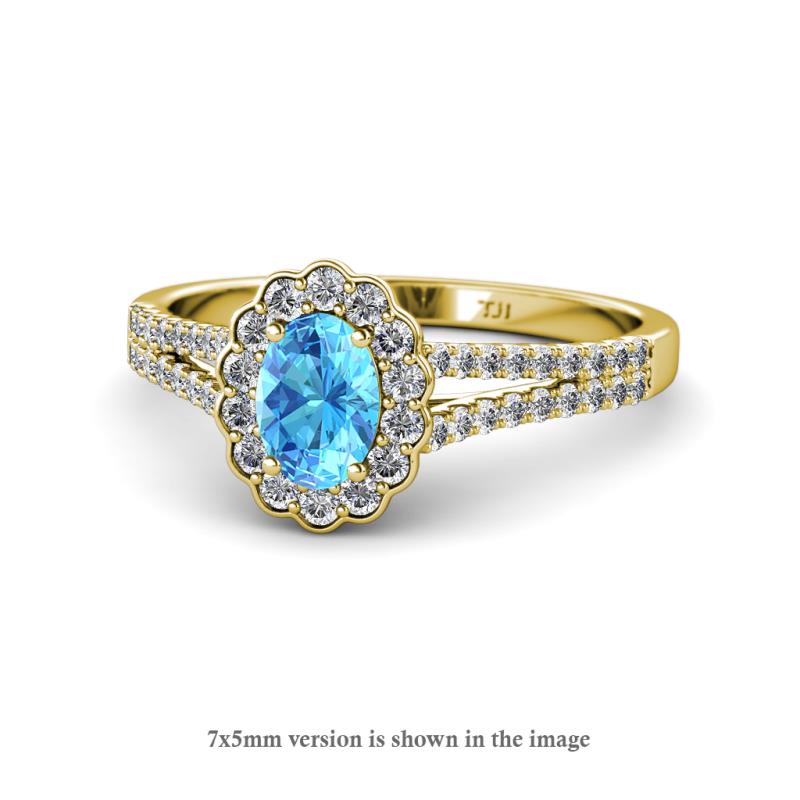 Raisa Desire Oval Shape Blue Topaz and Round Diamond Halo Engagement Ring 