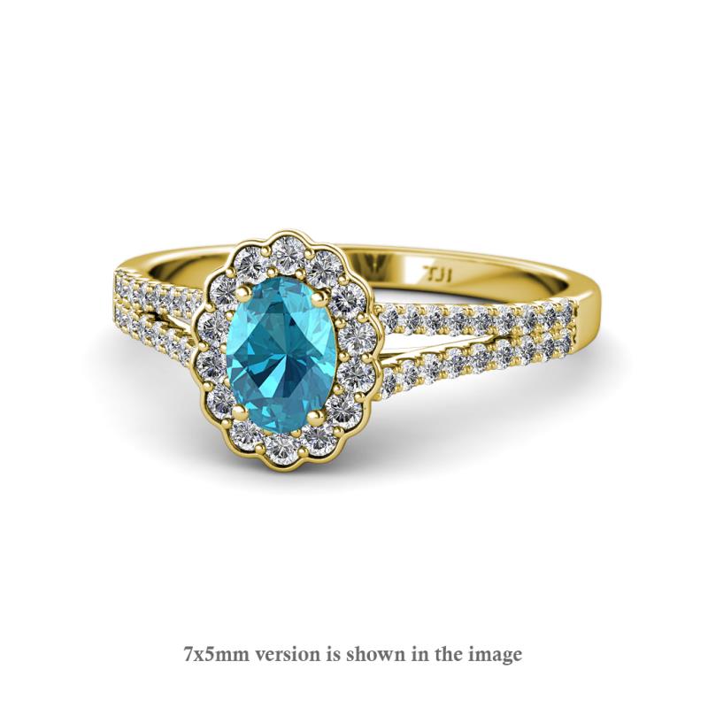 Raisa Desire Oval Shape London Blue Topaz and Round Diamond Halo Engagement Ring 