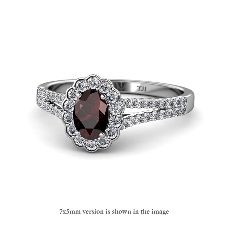 Raisa Desire Oval Shape Red Garnet and Round Lab Grown Diamond Halo Engagement Ring 