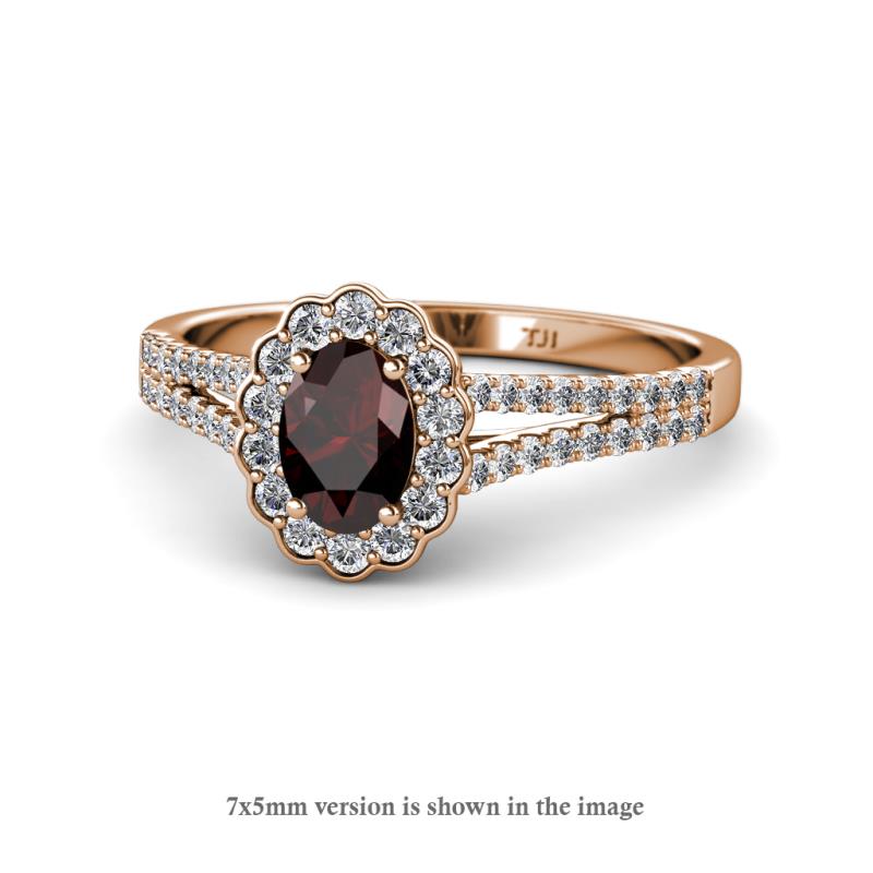 Raisa Desire Oval Shape Red Garnet and Round Lab Grown Diamond Halo Engagement Ring 