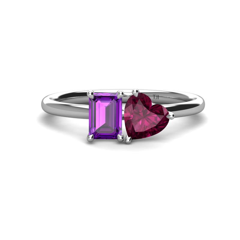 Esther Emerald Shape Amethyst & Heart Shape Rhodolite Garnet 2 Stone Duo Ring 