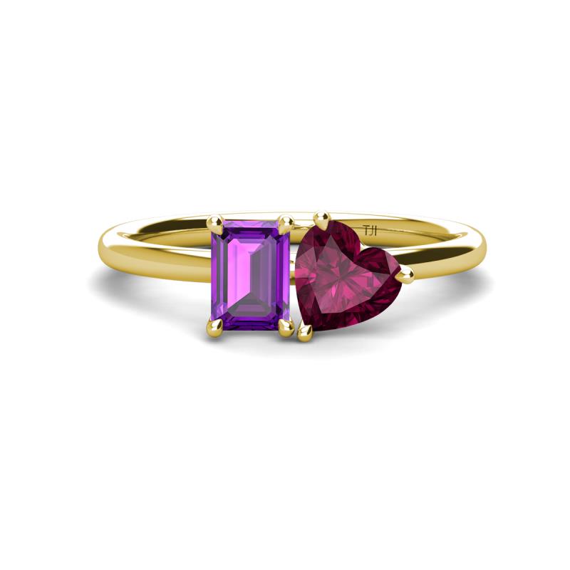Esther Emerald Shape Amethyst & Heart Shape Rhodolite Garnet 2 Stone Duo Ring 