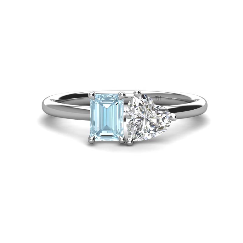 Esther Emerald Shape Aquamarine & Heart Shape Forever Brilliant Moissanite 2 Stone Duo Ring 