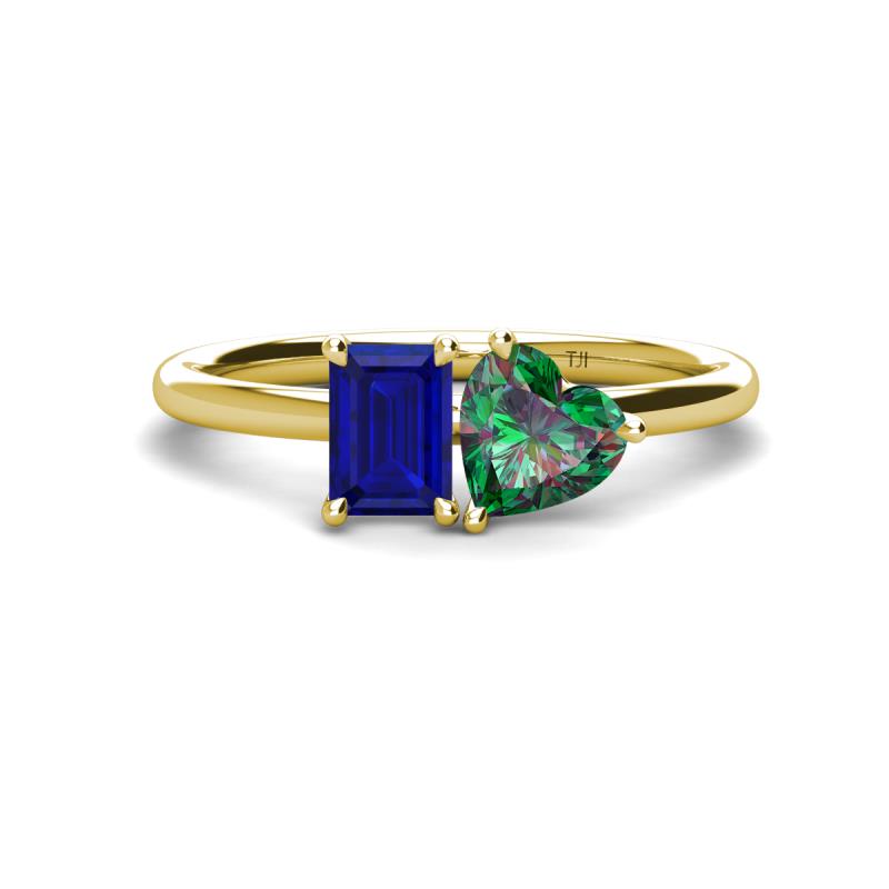 Esther Emerald Shape Created Blue Sapphire & Heart Shape Lab Created Alexandrite 2 Stone Duo Ring 