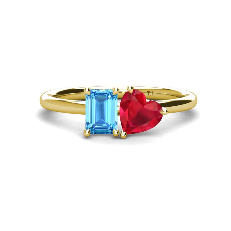 Esther Emerald Shape Blue Topaz & Heart Shape Lab Created Ruby 2 Stone Duo Ring 