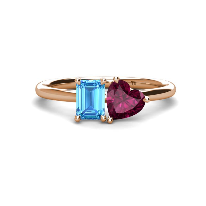 Esther Emerald Shape Blue Topaz & Heart Shape Rhodolite Garnet 2 Stone Duo Ring 
