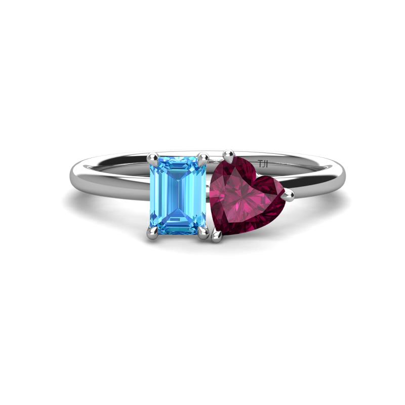 Esther Emerald Shape Blue Topaz & Heart Shape Rhodolite Garnet 2 Stone Duo Ring 
