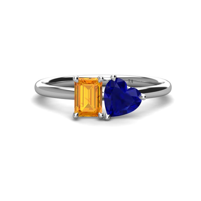 Esther Emerald Shape Citrine & Heart Shape Lab Created Blue Sapphire 2 Stone Duo Ring 