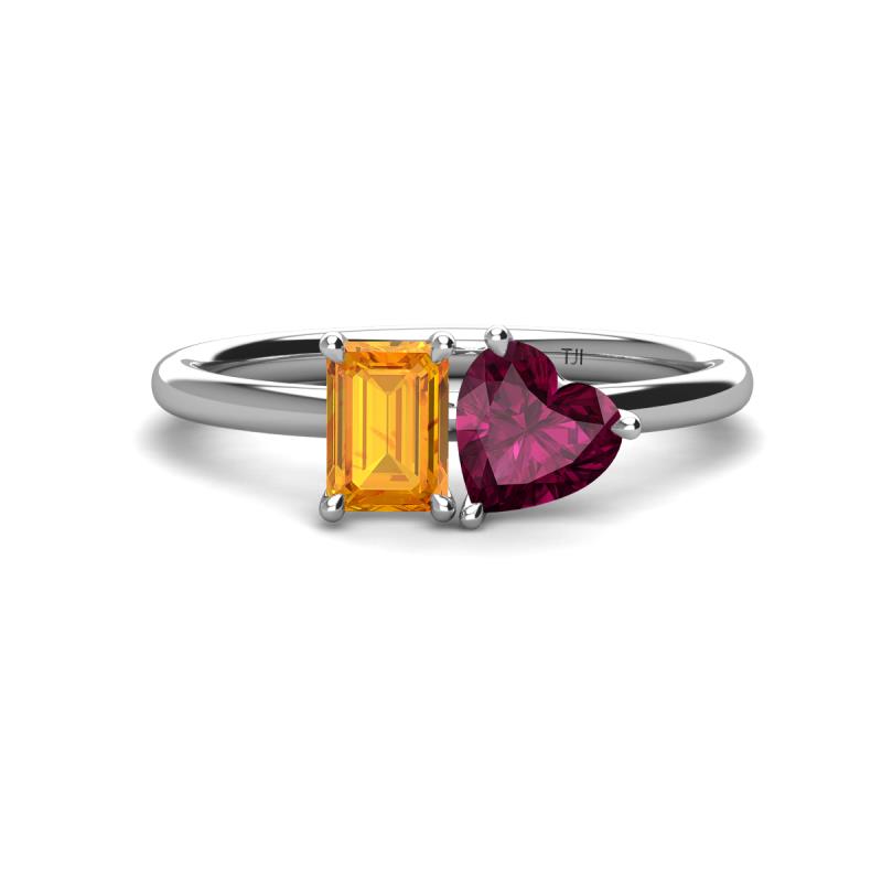 Esther Emerald Shape Citrine & Heart Shape Rhodolite Garnet 2 Stone Duo Ring 