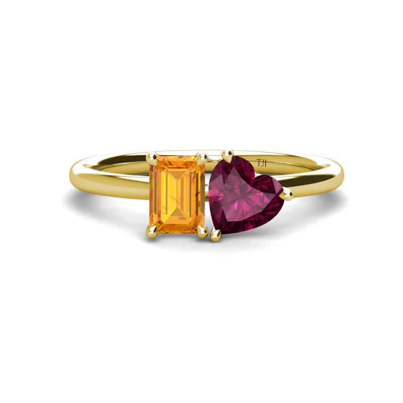 Esther Emerald Shape Citrine & Heart Shape Rhodolite Garnet 2 Stone Duo Ring 