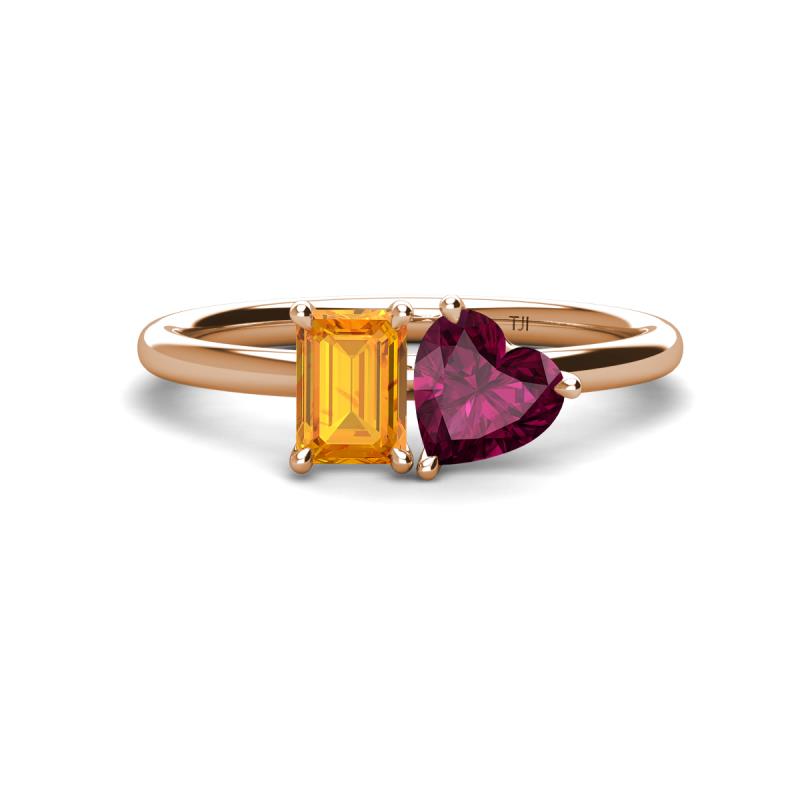 Esther Emerald Shape Citrine & Heart Shape Rhodolite Garnet 2 Stone Duo Ring 