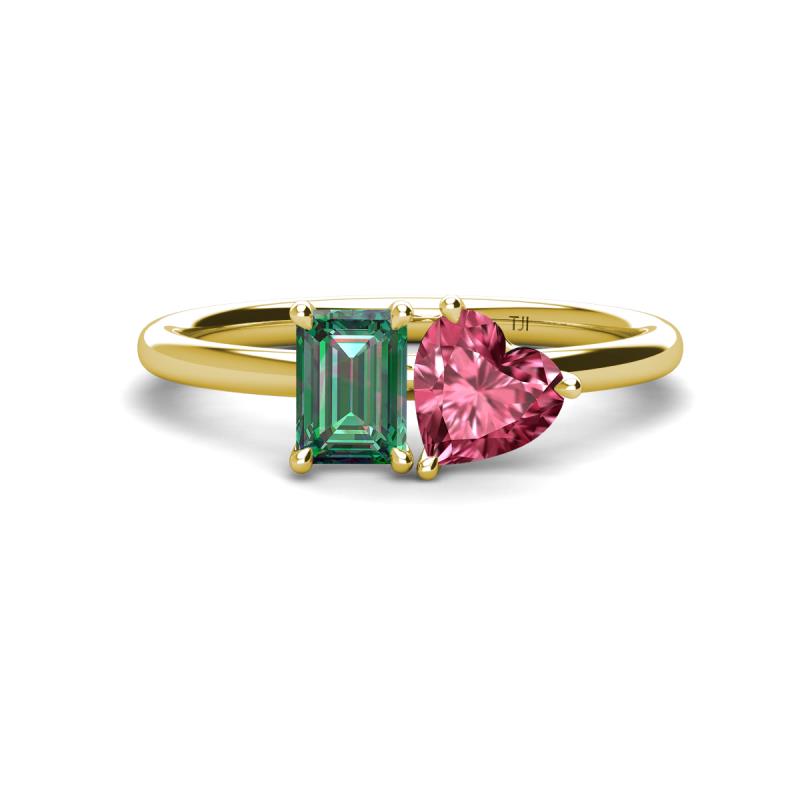 Esther Emerald Shape Lab Created Alexandrite & Heart Shape Pink Tourmaline 2 Stone Duo Ring 