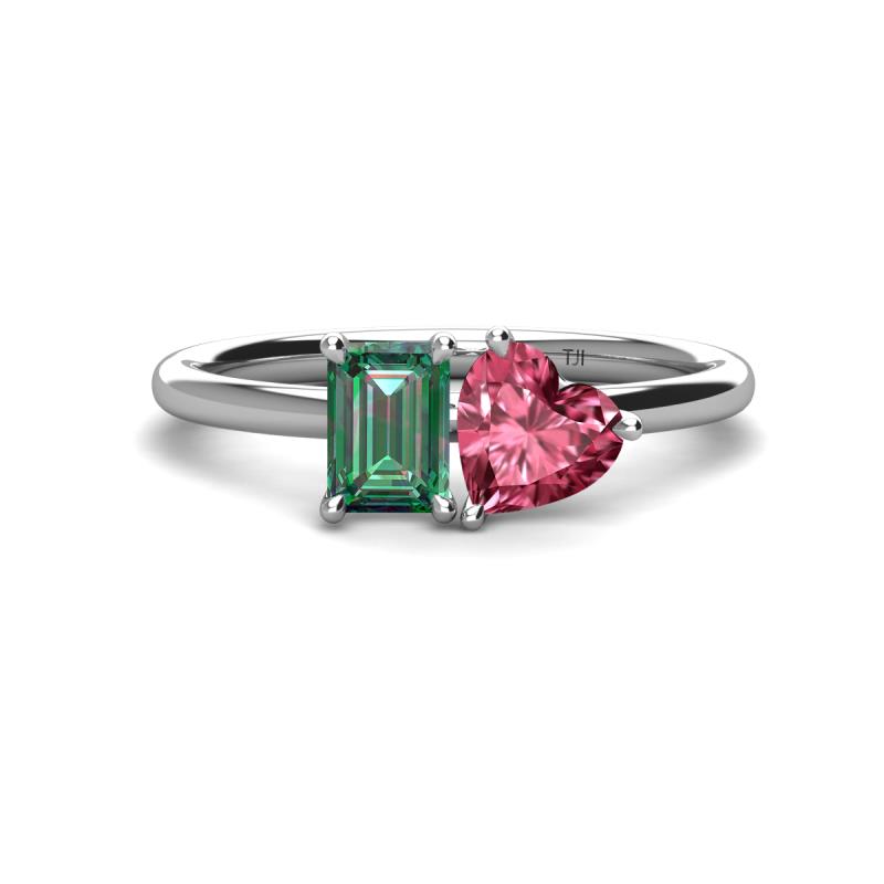 Esther Emerald Shape Lab Created Alexandrite & Heart Shape Pink Tourmaline 2 Stone Duo Ring 