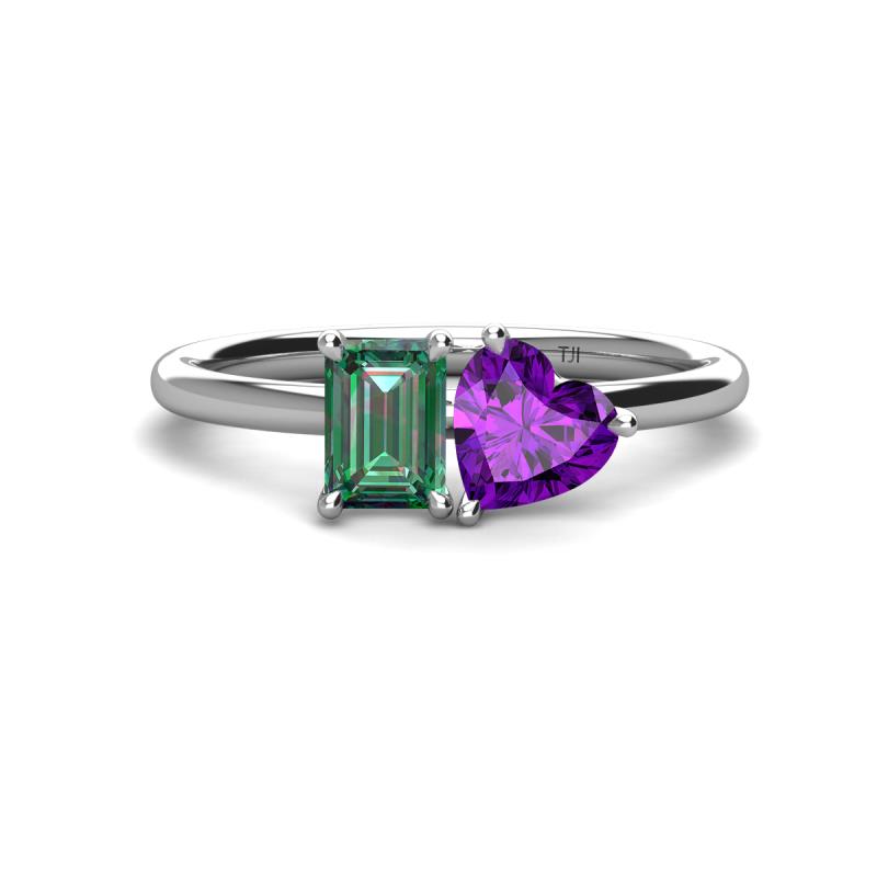 Esther Emerald Shape Lab Created Alexandrite & Heart Shape Amethyst 2 Stone Duo Ring 