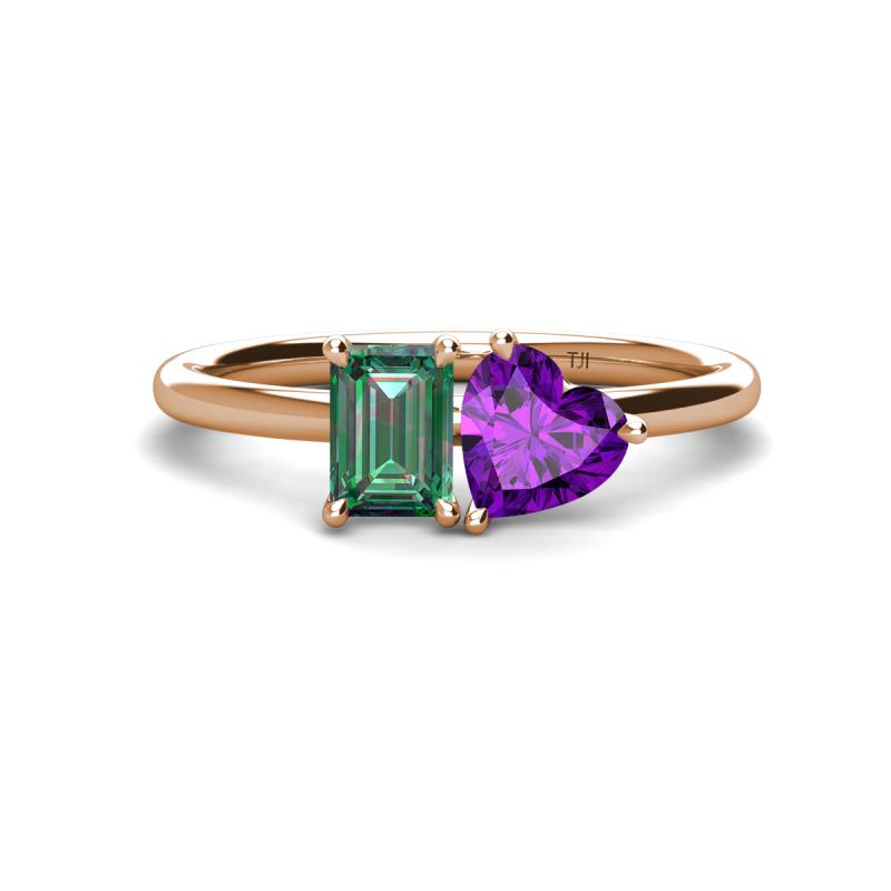 Esther Emerald Shape Lab Created Alexandrite & Heart Shape Amethyst 2 Stone Duo Ring 