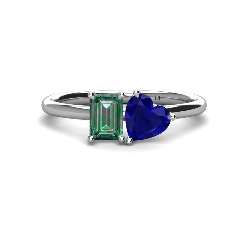 Esther Emerald & Heart Shape Created Alexandrite & Created Blue Sapphire 2 Stone Duo Ring 