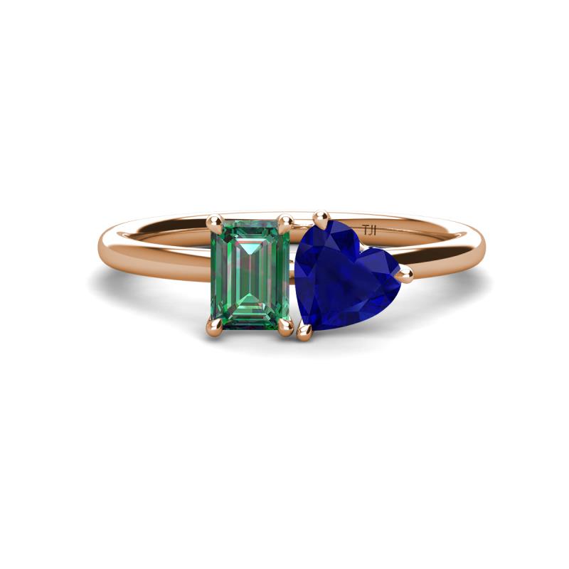 Esther Emerald & Heart Shape Created Alexandrite & Created Blue Sapphire 2 Stone Duo Ring 