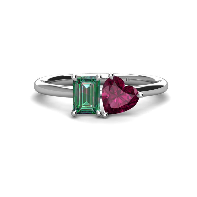 Esther Emerald Shape Lab Created Alexandrite & Heart Shape Rhodolite Garnet 2 Stone Duo Ring 