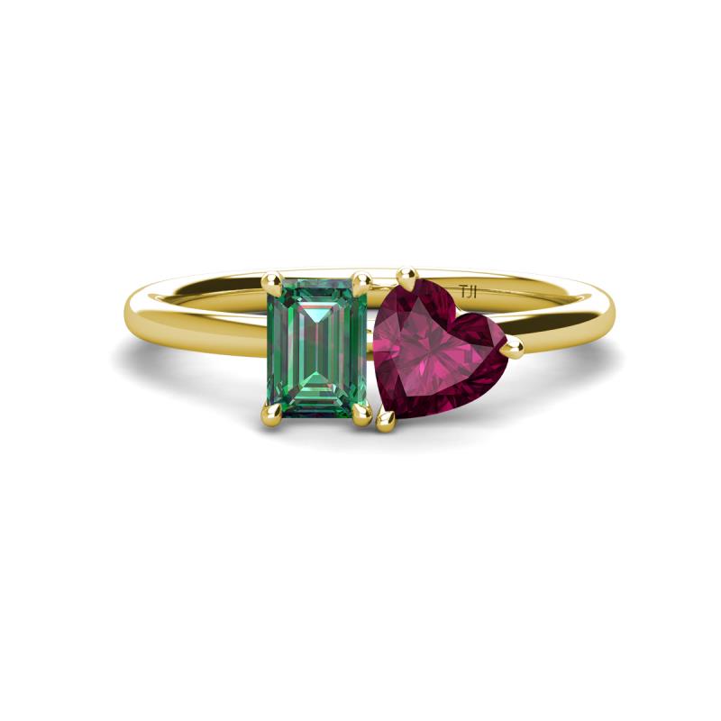 Esther Emerald Shape Lab Created Alexandrite & Heart Shape Rhodolite Garnet 2 Stone Duo Ring 
