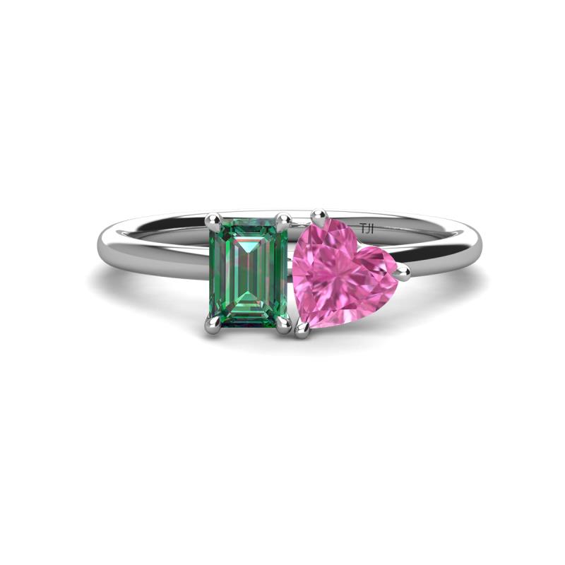 Esther Emerald Shape Lab Created Alexandrite & Heart Shape Pink Sapphire 2 Stone Duo Ring 