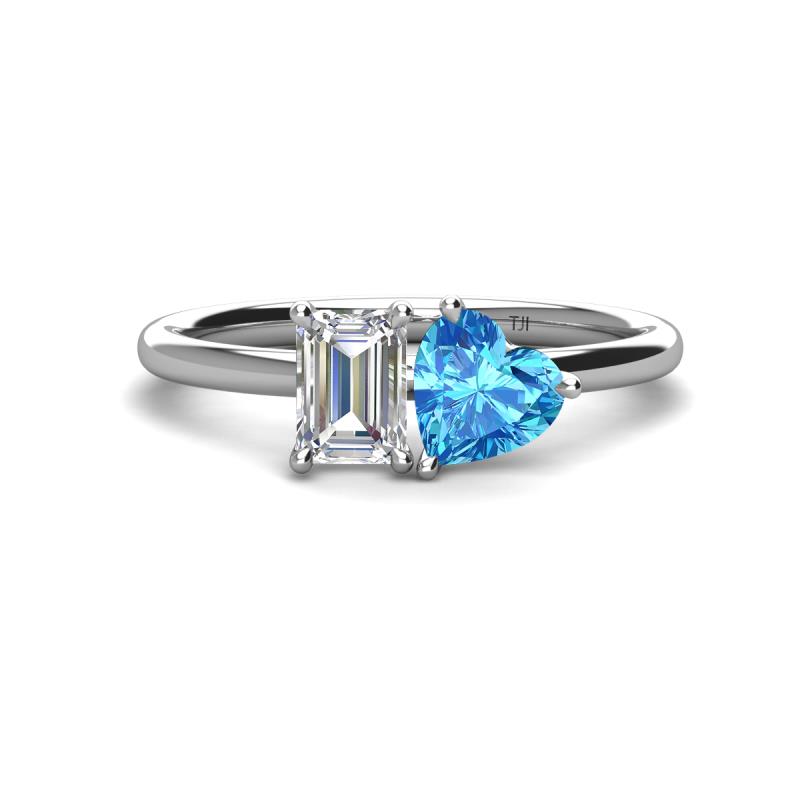 Esther GIA Certified Emerald Shape Diamond & Heart Shape Blue Topaz 2 Stone Duo Ring 