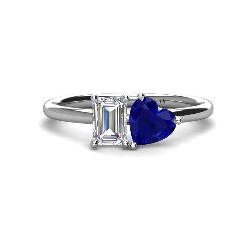 Esther GIA Certified Emerald Shape Diamond & Heart Shape Lab Created Blue Sapphire 2 Stone Duo Ring 