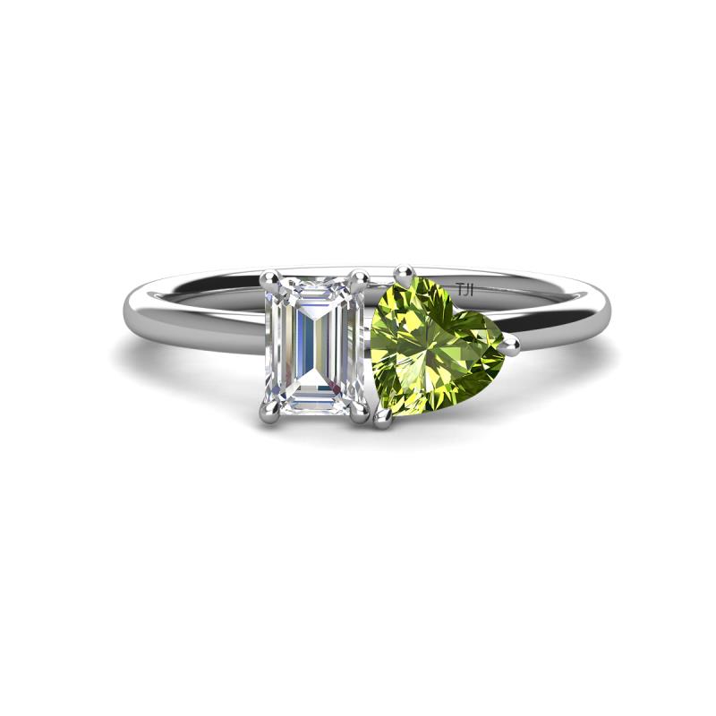 Esther GIA Certified Emerald Shape Diamond & Heart Shape Peridot 2 Stone Duo Ring 