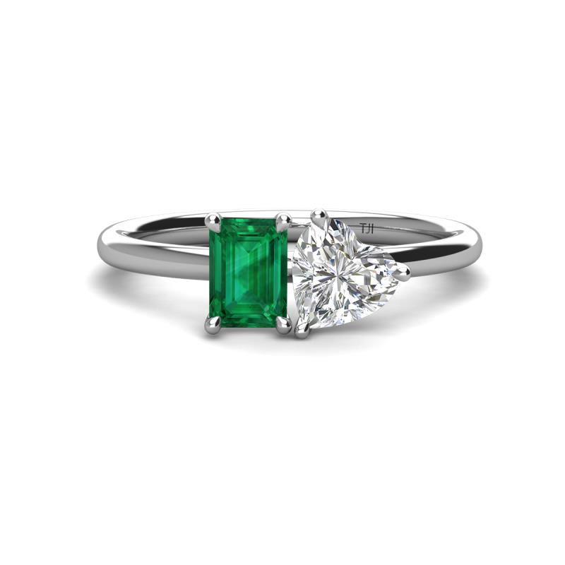 Esther Emerald Shape Lab Created Emerald & Heart Shape Forever Brilliant Moissanite 2 Stone Duo Ring 