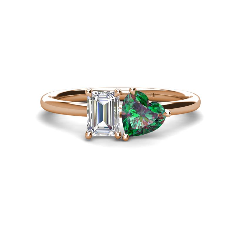 Esther IGI Certified Emerald Shape Lab Grown Diamond & Heart Shape Lab Created Alexandrite 2 Stone Duo Ring 