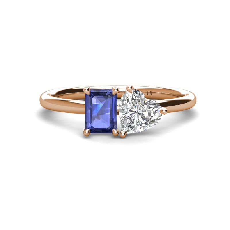 Esther Emerald Shape Iolite & Heart Shape Forever Brilliant Moissanite 2 Stone Duo Ring 