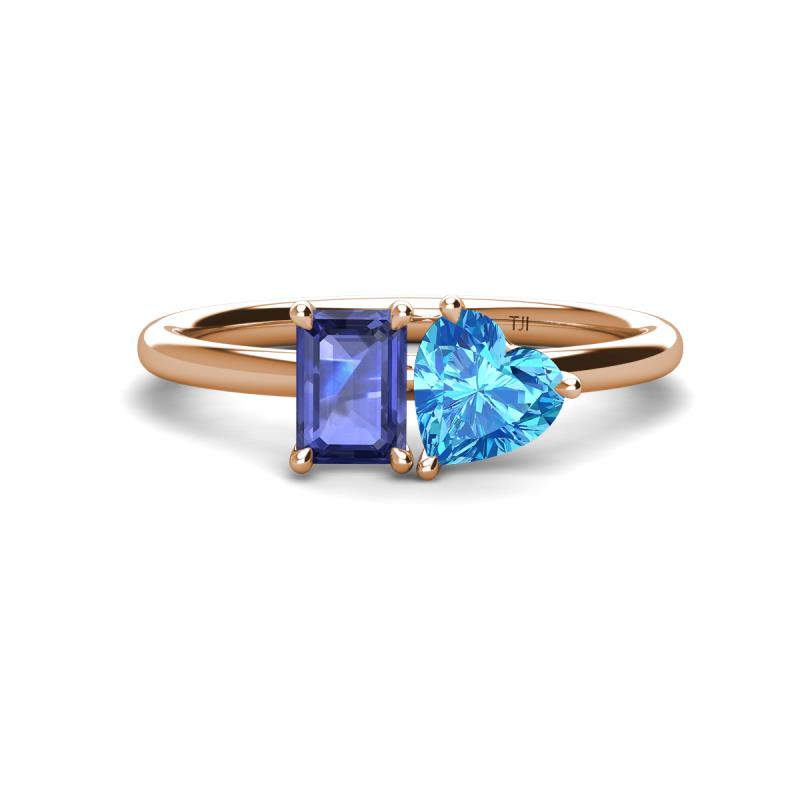 Esther Emerald Shape Iolite & Heart Shape Blue Topaz 2 Stone Duo Ring 