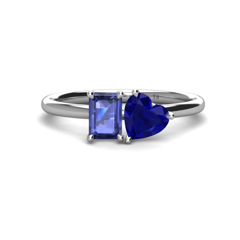 Esther Emerald Shape Iolite & Heart Shape Lab Created Blue Sapphire 2 Stone Duo Ring 