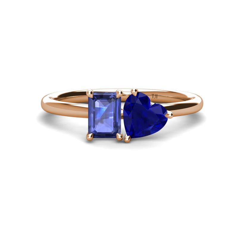 Esther Emerald Shape Iolite & Heart Shape Lab Created Blue Sapphire 2 Stone Duo Ring 