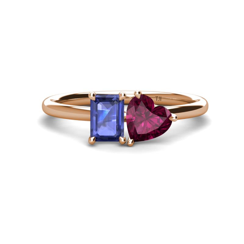 Esther Emerald Shape Iolite & Heart Shape Rhodolite Garnet 2 Stone Duo Ring 