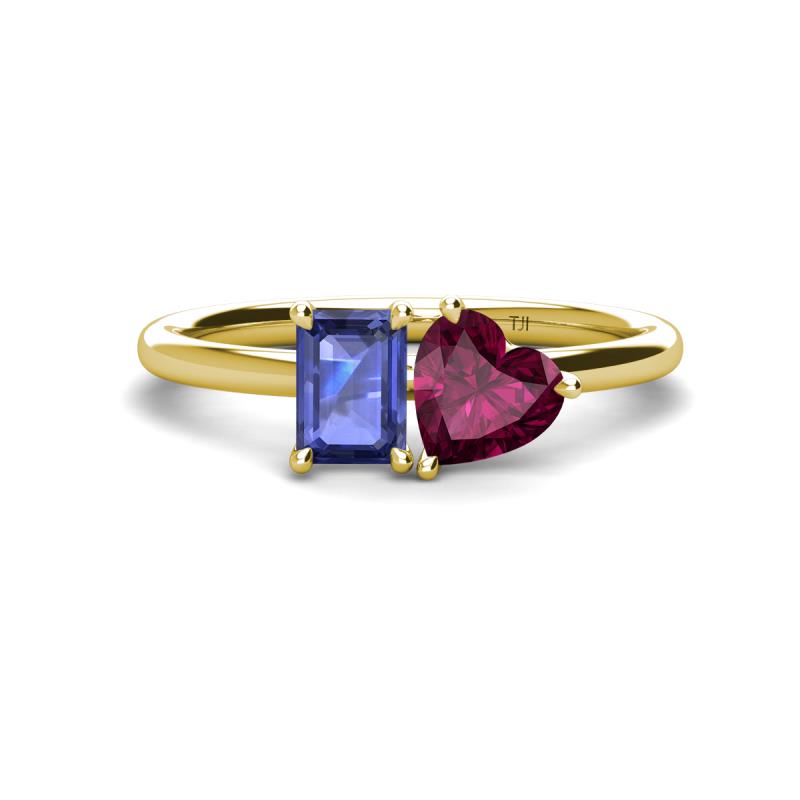 Esther Emerald Shape Iolite & Heart Shape Rhodolite Garnet 2 Stone Duo Ring 