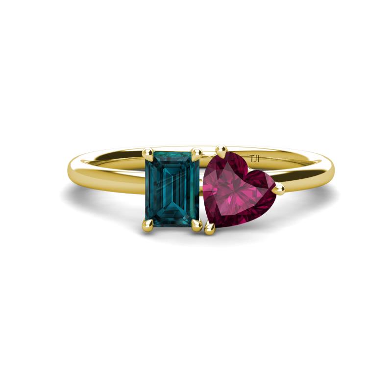 Esther Emerald Shape London Blue Topaz & Heart Shape Rhodolite Garnet 2 Stone Duo Ring 