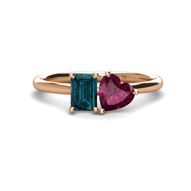 Esther Emerald Shape London Blue Topaz & Heart Shape Rhodolite Garnet 2 Stone Duo Ring 