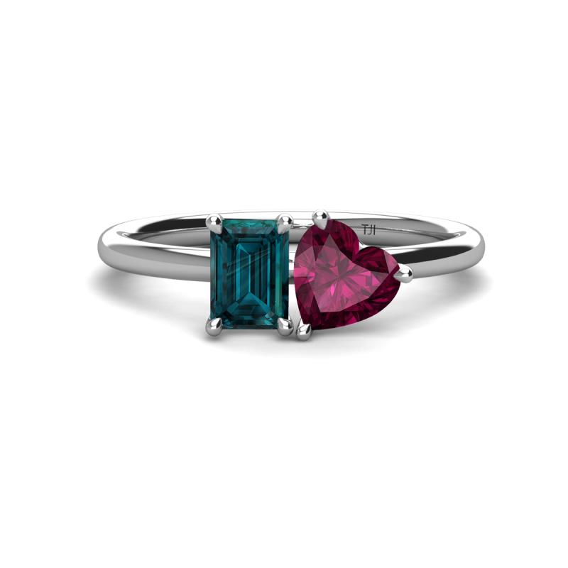 Esther Emerald Shape London Blue Topaz & Heart Shape Rhodolite Garnet 2 Stone Duo Ring 
