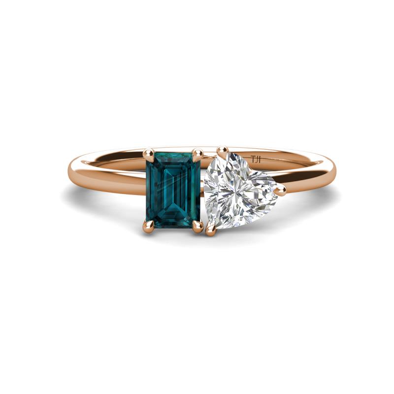 Esther Emerald Shape London Blue Topaz & Heart Shape Forever Brilliant Moissanite 2 Stone Duo Ring 