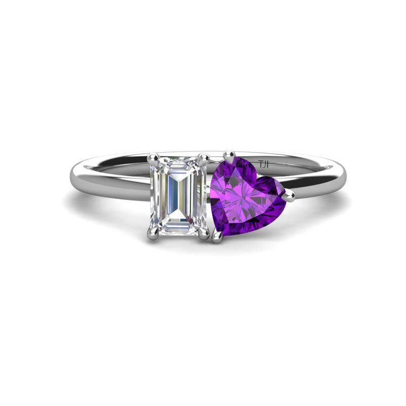 Esther Emerald Shape Forever Brilliant Moissanite & Heart Shape Amethyst 2 Stone Duo Ring 