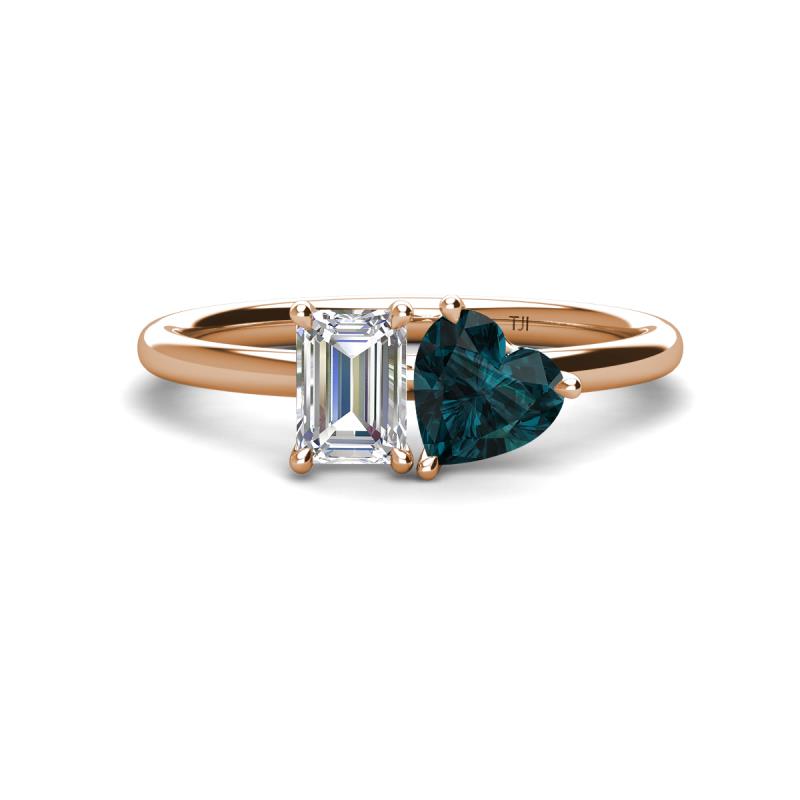 Esther Emerald Shape Forever Brilliant Moissanite & Heart Shape London Blue Topaz 2 Stone Duo Ring 