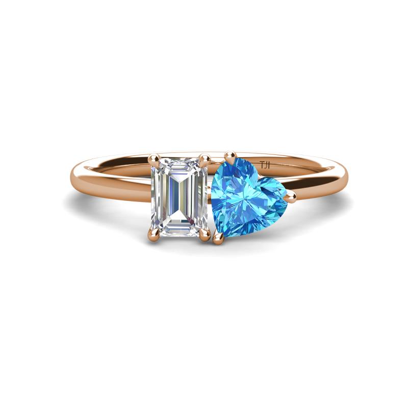 Esther Emerald Shape Forever One Moissanite & Heart Shape Blue Topaz 2 Stone Duo Ring 