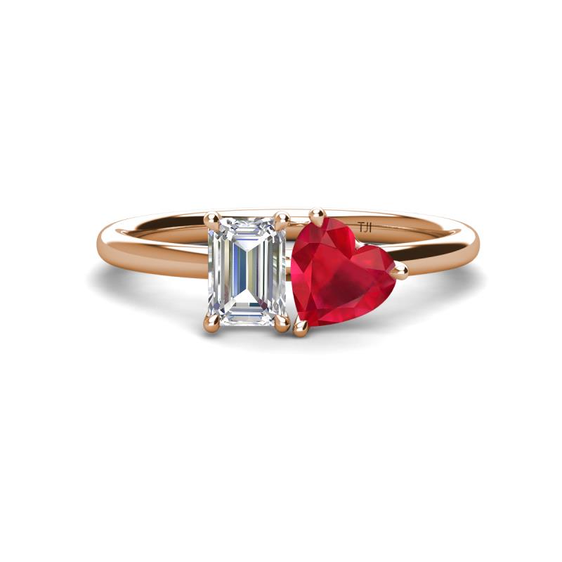 Esther Emerald Shape Forever One Moissanite & Heart Shape Lab Created Ruby 2 Stone Duo Ring 