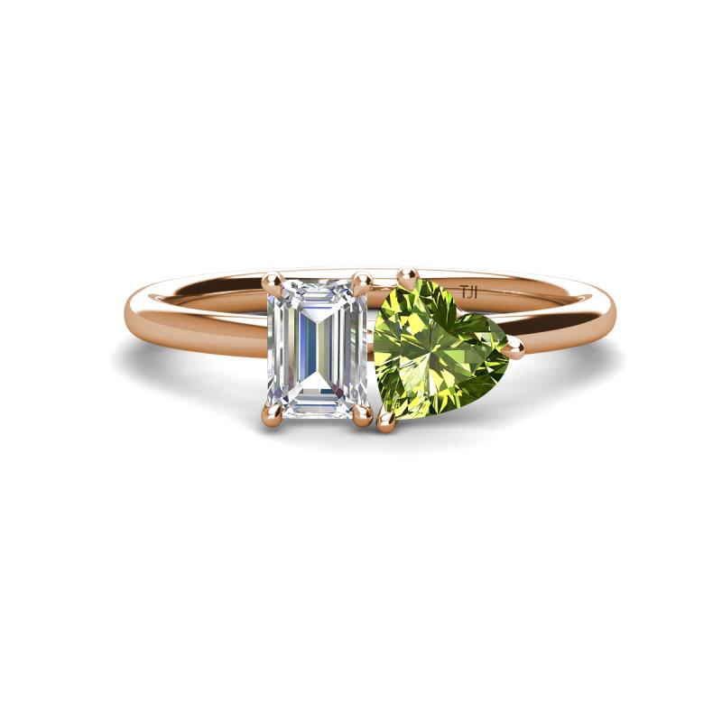 Esther Emerald Shape Forever One Moissanite & Heart Shape Peridot 2 Stone Duo Ring 