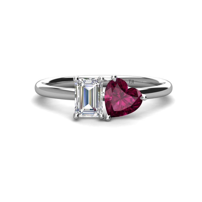 Esther Emerald Shape Forever Brilliant Moissanite & Heart Shape Rhodolite Garnet 2 Stone Duo Ring 
