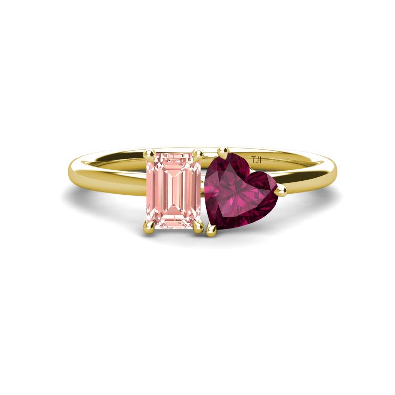 Esther Emerald Shape Morganite & Heart Shape Rhodolite Garnet 2 Stone Duo Ring 