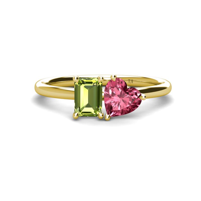 Esther Emerald Shape Peridot & Heart Shape Pink Tourmaline 2 Stone Duo Ring 