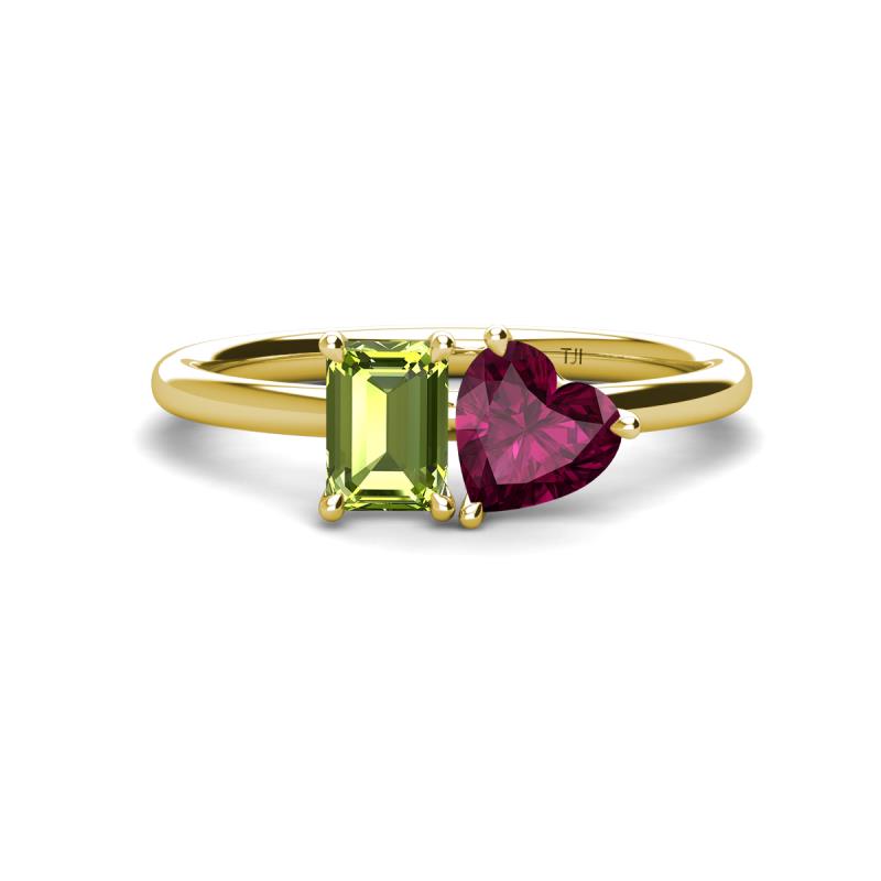 Esther Emerald Shape Peridot & Heart Shape Rhodolite Garnet 2 Stone Duo Ring 