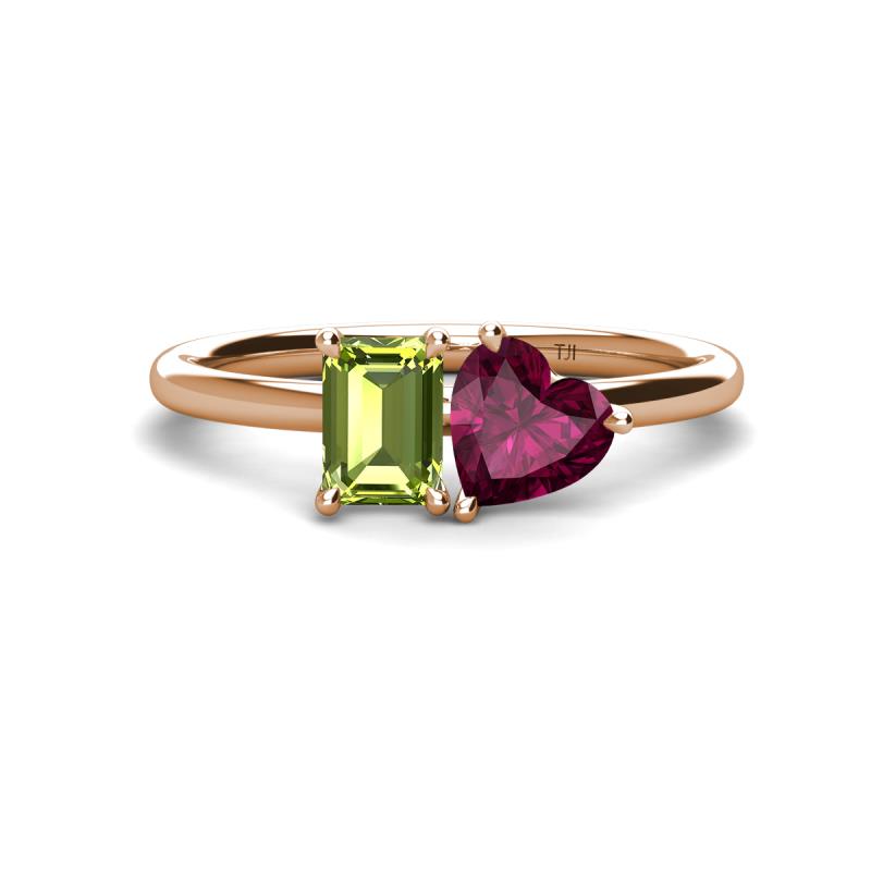 Esther Emerald Shape Peridot & Heart Shape Rhodolite Garnet 2 Stone Duo Ring 